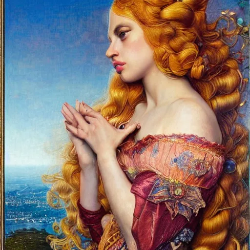 Image similar to photo realistic, hyper realism, lady gaga artpop act ii album, intricate detail, hyper detail, gaston bussiere, sandro botticelli style, with honey light brown rapunzel hair, detailed, masterpiece, sharp focus,