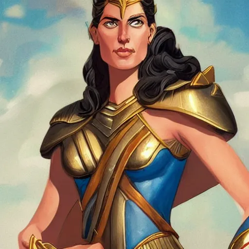 Prompt: portrait of hippolyta queen of the amazons, a tall beautiful dignified woman with tanned skin and blue eyes dressed in hellenistic greek armour, high detailed, intricate, elegant, smooth, sharp focus, artstation, art by jordan nelsen and helena nikulina,