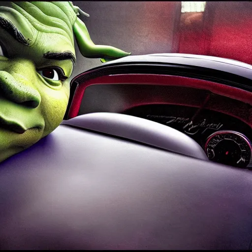 Prompt: a photo of shrek in the drivers seat of a ferari, Realistic, Refined, Highly Detailed, Cinematic pastel Lighting, fine art photography by Paolo Roversi, volumetric lighting, hyper realistic photography