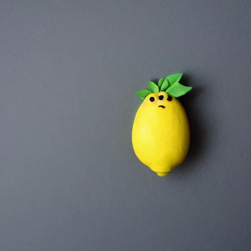 Image similar to a lemon character, made of clay, claymation