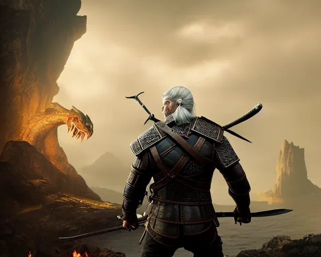 Image similar to 5 5 mm portrait photo of geralt fighting a hydra. magical atmosphere. art by greg rutkowski. highly detailed 8 k. intricate. lifelike. soft light. nikon d 8 5 0.