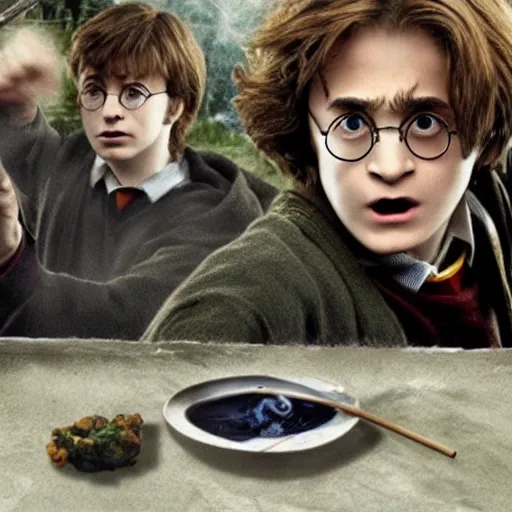 Prompt: harry potter smoking weed, cinematic, 4 k, highly detailed, film footage, film screencap