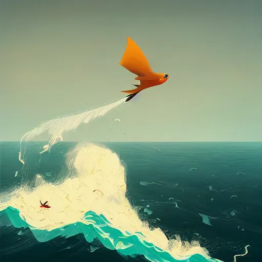 Prompt: goro fujita ilustration a bird flying over a fishing boat in the middle of the ocean with waves, foam on the waves, painting by goro fujita, sharp focus, highly detailed, artstation