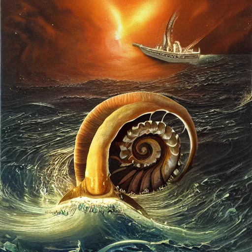 Image similar to full painting of the Nautilus fighting a giant squid in the middle of the ocean during a storm made by Jeff Easley and Peter Elson + realistic animal, + galaxy + gothic, surreal, dread + highly detailed, intricate complexity, epic composition, magical atmosphere + masterpiece, award winning + trending on artstation,