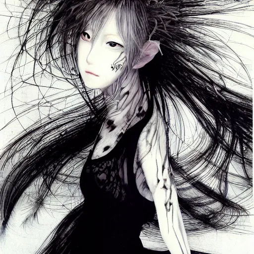 Image similar to Yoshitaka Amano realistic illustration of an anime girl with white hair and cracks on her face wearing dress suit with tie fluttering in the wind, abstract black and white patterns on the background, noisy film grain effect, highly detailed, Renaissance oil painting, weird portrait angle