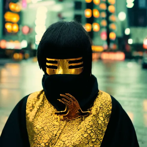 Prompt: japanese female black balaclava mask with golden necklace and open kimono, photo portrait, beautiful female model, tokyosky, female sitting on skyscreapper, rain, city neon light, bokeh, long exposure, kodak promax 4 0 0, sony lens, golden fractals and dmt