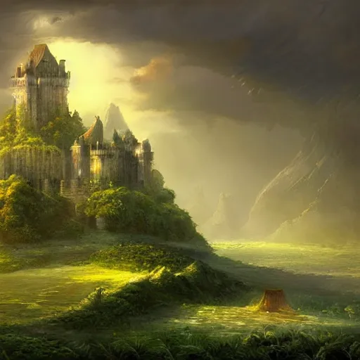 Prompt: a castle with alot of vegetation casper david friedrich raphael lacoste vladimir kush leis royo volumetric light effect broad light oil painting painting fantasy art style sci - fi art style realism artwork unreal engine