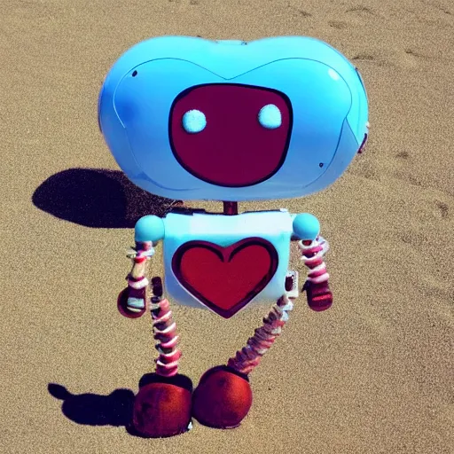 Prompt: a very cute happy robot with lots of hearts floating in the air on the beach in a sunny seaport