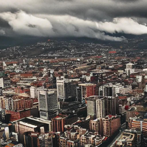 Prompt: a big modern city on top of a mountain has a great circular brick wall surrounding in clouds, hyper realistic, cinematic