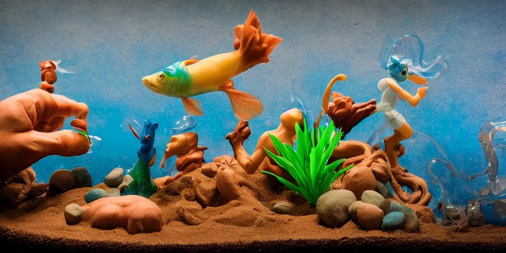 Image similar to plasticine model in water. figures clay. siamese fighting fish. clay figure. surreal. tropical fish tank with sand. strange. weird. astrix and obelisk. tintin. hands. tank. wallace and gromit. aquatic photography. photorealistic. waiting room