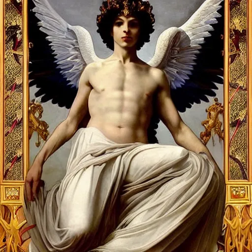 Image similar to godlike awe-inspiring menacing Lucifer royal portrait, Superbia, standing tall invincible, beautiful angelic wings, intricate, elegant, sophisticated, capital sin of Pride, stunning, breathtaking, award-winning, groundbreaking, concept art, nouveau art, Dark Fantasy mixed with Socialist Realism, by Michelangelo, Caravaggio, Alphonse Mucha, Michael Whelan, William Adolphe Bouguereau, John Williams Waterhouse, and Donato Giancola, extremely moody lighting, glowing light and shadow, atmospheric, fine art, trending, featured, 8k, photorealistic, complex,symmetrical , 3-point perspective, hyper detailed, unreal engine 5, IMAX quality, cinematic, high resolution, 3D, PBR, path tracing, volumetric lighting, octane render, arnold render