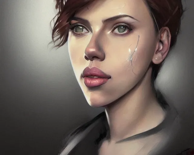 Image similar to portrait of scarlett johansson drinking water in team fortress 2 style, detailed face, dark fantasy art, fantasy, pretty, hd shot, digital portrait, beautiful, artstation, comic style, by artgerm, guy denning, jakub rozalski, magali villeneuve, neoartcore and charlie bowater