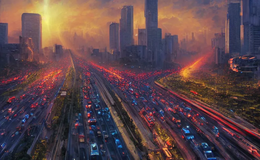 Image similar to beautiful landscape painting of peak hour traffic, edsa, manila, sunrise, god's rays highly detailed, vivid color, cinematic lighting, perfect composition, 8 k, gustave dore, derek zabrocki, greg rutkowski, belsinski, octane render