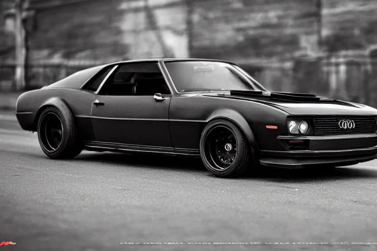 Image similar to widebody all black audi camaro b 1 ( 1 9 6 9 ), need for speed : carbon, at night, sci - fi, neon lines, phonk music background, smoke behind wheels, noise, dark, establishing shot, by simon stalenhag