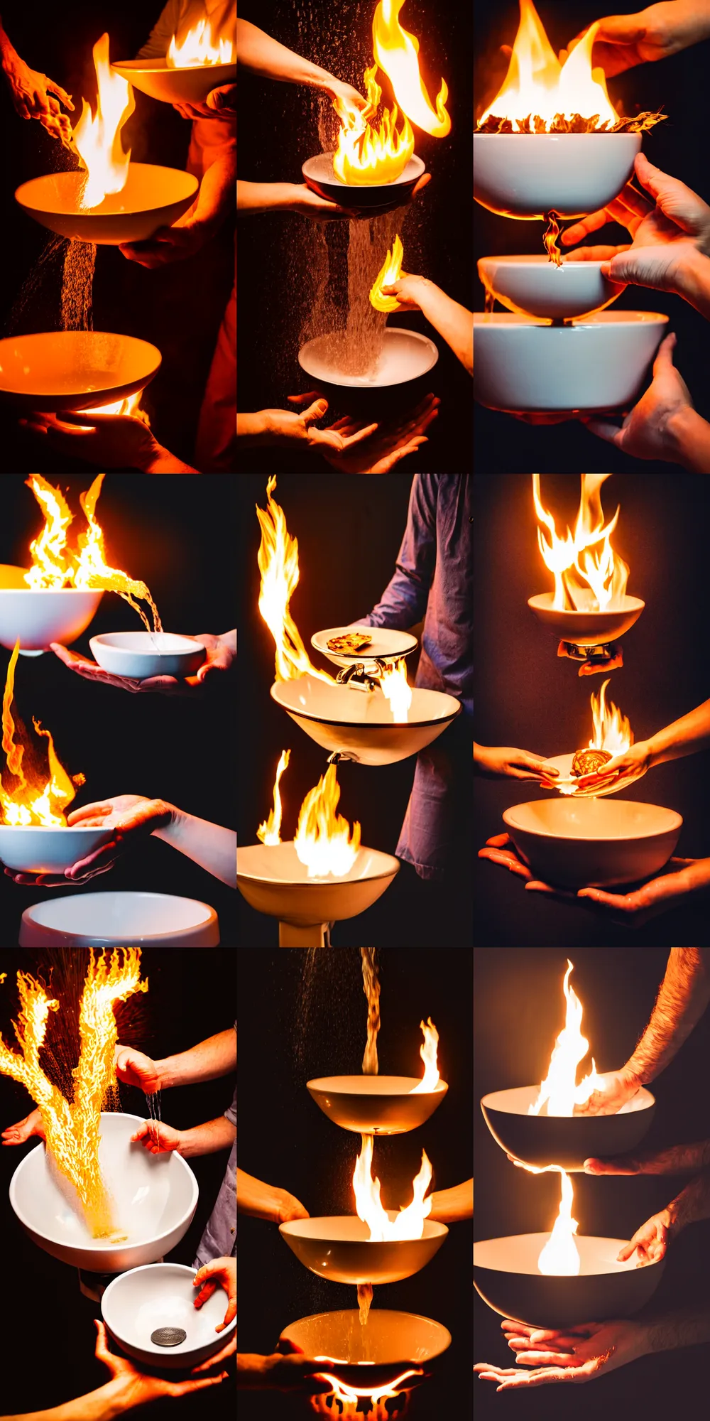 Prompt: someone holding a bowl of food above a flaming washbasin, professional photography, single pair of hands, book cover W 1000