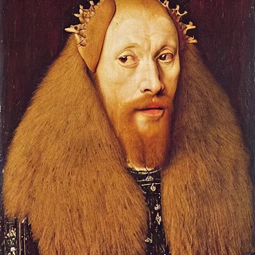 Image similar to portrait of a king with a lions head for a head, oil painting by jan van eyck, northern renaissance art, oil on canvas, wet - on - wet technique, realistic, expressive emotions, intricate textures, illusionistic detail