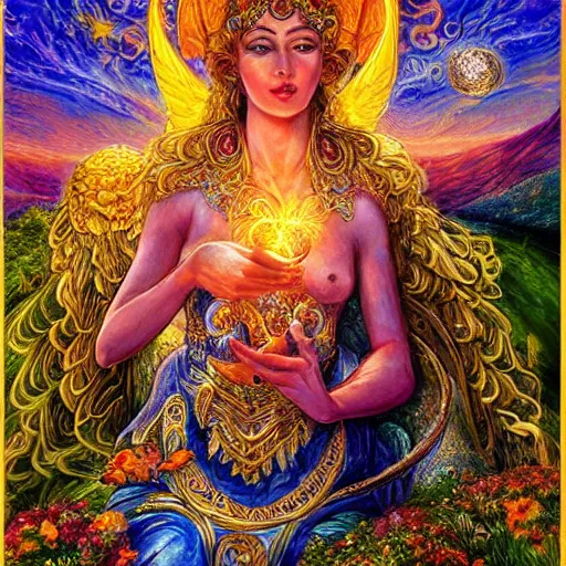 Image similar to goddess by josephine wall, sitting on flying golden ram, checking her phone, erupting volcano in distance, flowers in foreground, sun setting on right side of image, stars in sky on left side of image, trending on artstation, fantasy, intricately detailed