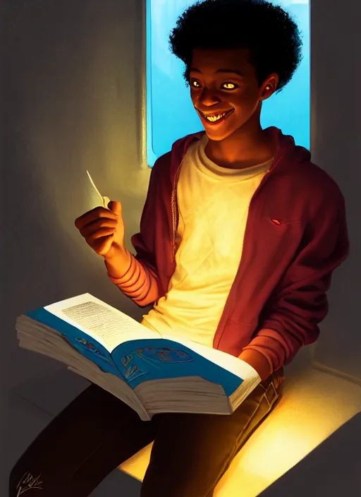 Image similar to portrait of teenage chuck clayton, black teenage boy, very short curly hair, very short hair, square jaw, slight excited smile, reading archie comic book, intricate, elegant, glowing lights, highly detailed, digital painting, artstation, concept art, smooth, sharp focus, illustration, art by wlop, mars ravelo and greg rutkowski