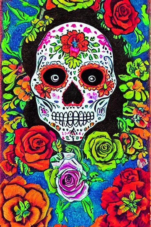 Prompt: Illustration of a sugar skull day of the dead girl, art by maximilien luce
