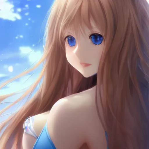 Image similar to a very beautiful young yuuki asuna, full body, long wavy blond hair, sky blue eyes, full round face,, bikini, miniskirt, front shot, highly detailed, cinematic wallpaper by stanley artgerm lau