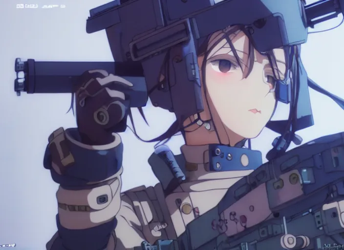 Prompt: female cyberpunk soldier shooting at a tank, Kyoto animation, last exile, blue submarine no. 6, gustav klimt, loish, murata range, kawaii, Madhouse anime studios Black Lagoon Perfect Blue, yoshitaka amano, studio lighting, manga, bright colors, beautiful, 35mm lens, vibrant high contrast, mucha, gradation, jean giraud, fantasy