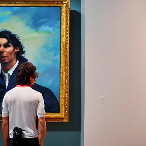 Prompt: nadal looking at a painting of himself