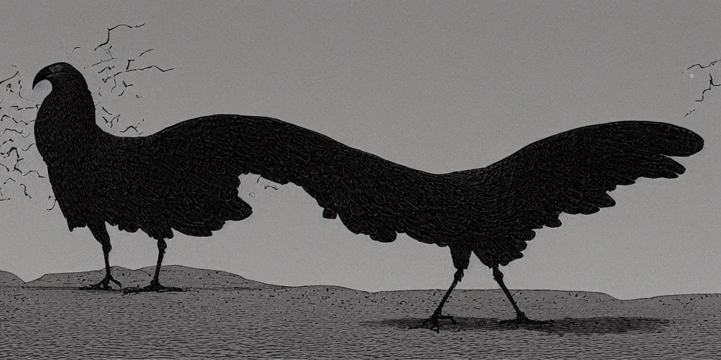 Prompt: weird west, giant crow blocking out the sun, desaturated delicate illustration by moebius jean giraud