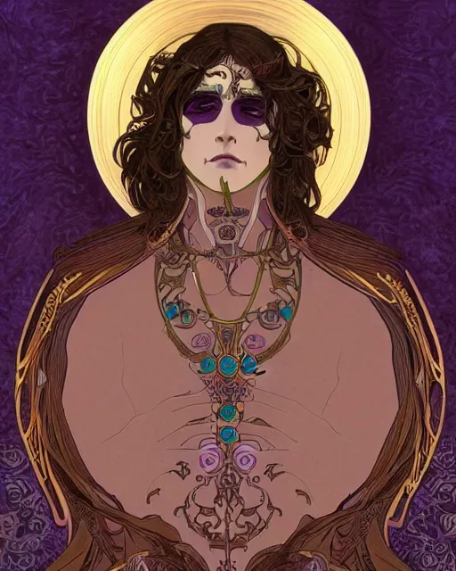 Image similar to thanatos, half-body, beautiful male god of death, closed eyes, long hair, wearing ornate violet clothes, gold jewelry, moon, by Alphonse Mucha, detailed face, symmetry, very intricate 4k, illustration
