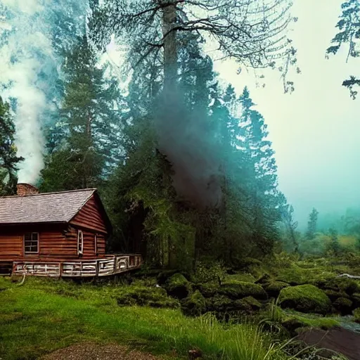 Prompt: small wooden cottage in the forest at night, smoke coming out of the chimney, night, dark, nocturnal, redwood trees, peaceful, river running past the cottage, a wooden rowing boat, galaxy in the night sky, by stephen king
