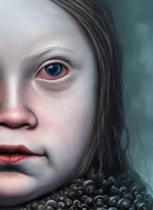 Prompt: highly detailed closeup, face profile portrait of greta thunberg as a gothic vampire, bikini, unreal engine, nicoletta ceccoli, mark ryden, earl norem, lostfish, global illumination, detailed and intricate environment