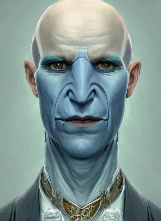 Image similar to head-on symmetrical centered painted portrait, a smiling bald androgynous man with completely blue skin in his thirties as a D&D wizard with the nose of Voldemort, fantasy, intricate, elegant, highly detailed, digital painting, smooth, sharp focus, illustration, artstation, in the style of Yoann Lossel and Conrad Roset