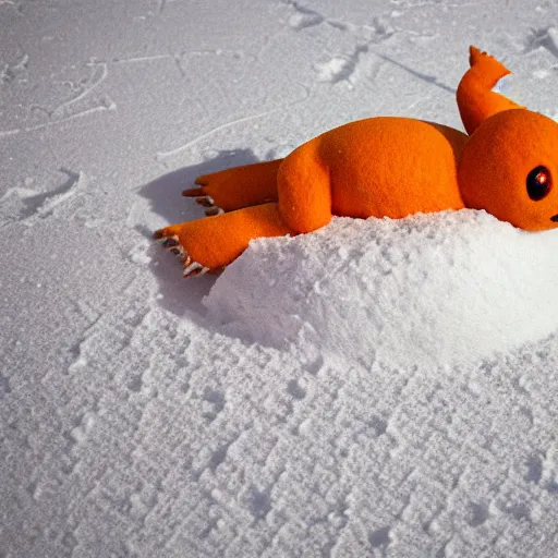 Image similar to charmander made of snow, photography