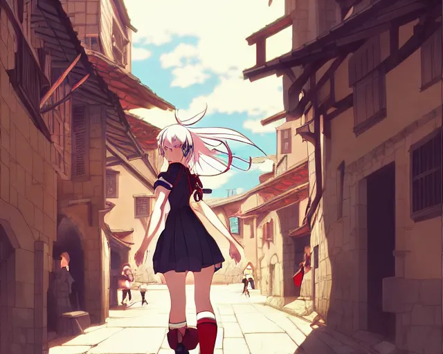 Image similar to anime visual, portrait of a young female walking through a busy medieval village, yoshinari yoh, dynamic pose, dynamic perspective, detailed silhouette, cel shaded anime