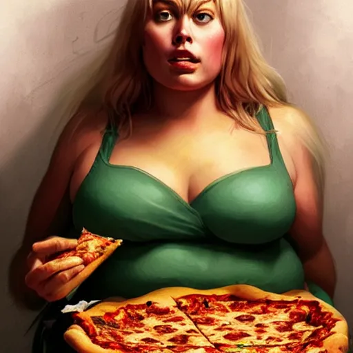 Image similar to a very fat margot robbie sitting in a messy room and burping because she ate too much pizza and junk food, green gas coming from her mouth, fantasy art, illustration, amazing detail, in the style of greg rutkowski, artgerm, cgsociety