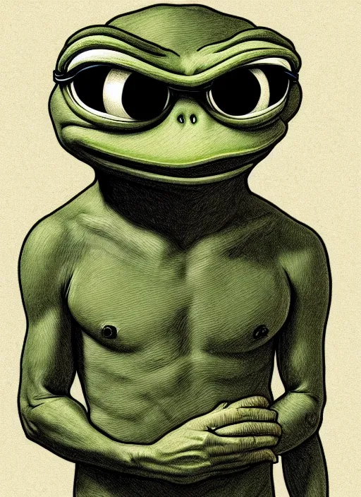 Image similar to pepe the frog by matt furie!!!, male, sad, depressed, portrait, intricat, highly detailed, digital painting, artstation, concept art, wallpaper, smooth, sharp focus, illustration, art by h. r. giger and artgerm and greg rutkowski and alphonse mucha