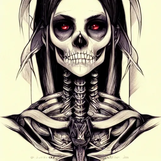 Prompt: anime manga skull profile young woman skeleton, elf, lotr, galadriel, Tolkien, unreal engine, intricate, elegant, highly detailed, digital art, art by JC Leyendecker and sachin teng