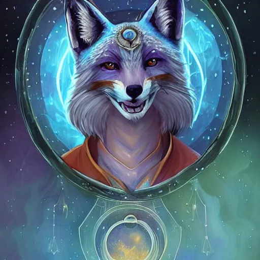 Image similar to a stylized realistic painting of an avatar of an awesome cosmic powerful luxurious foxfolk mage themed around death and the cosmos, in the style of dnd beyond avatar portraits, beautiful, artistic, elegant, lens flare, magical, lens flare, nature, realism, stylized, art by jeff easley and genndy tartakovsky and hayao miyazaki