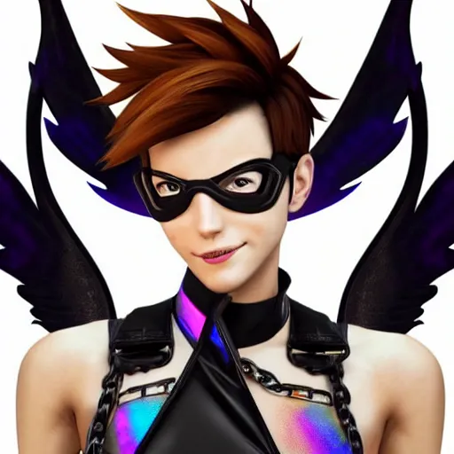Image similar to portrait bust digital artwork of tracer overwatch, wearing black iridescent rainbow latex tank top, 4 k, expressive happy smug expression, makeup, in style of mark arian, angel wings, wearing detailed black leather collar, chains, black leather harness, detailed face and eyes,