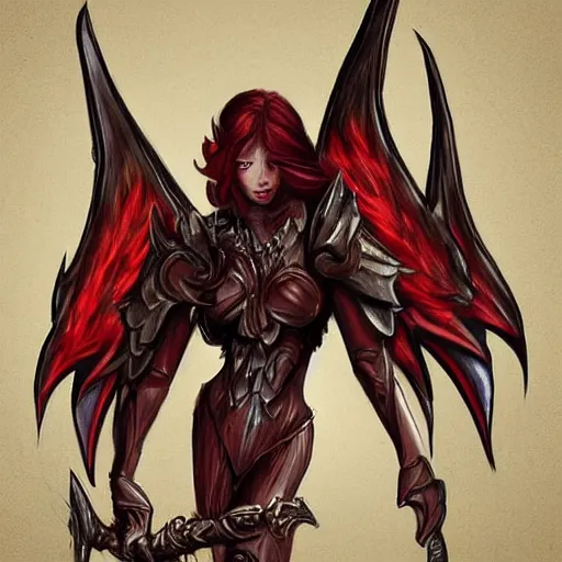 Image similar to “winged, red haired woman, gargoyle, flaming sword, full plate armor, fantasy drawing, concept art”