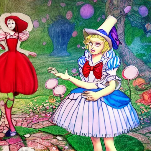 Prompt: recursive Alice in wonderland art. Highly detailed 4k warping in on itself image. Impossible shapes, Alice and the white rabbit chased by the red queen