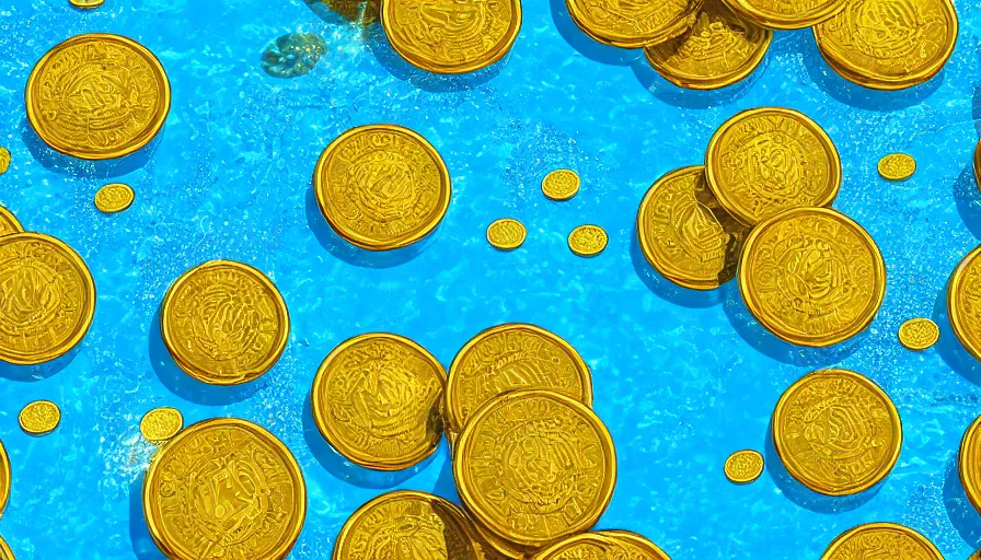 Image similar to a swimming pool full of gold coins, digital art, highly detailed, realistic, bright colors, 8 k