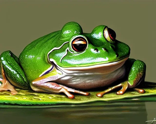 Prompt: the frog king, wearing a crown, sitting on a throne on a lily pad, fantasy concept art, digital painting, oil painting, hyperrealistic, highly detailed, artstation, cgsociety, by alan lee, by artgerm