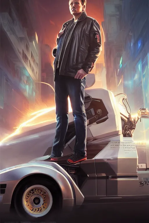 Image similar to elon musk as marty mcfly near cybertruck, realistic portrait, symmetrical, highly detailed, digital painting, artstation, concept art, smooth, sharp focus, illustration, cinematic lighting, art by artgerm and greg rutkowski and alphonse mucha