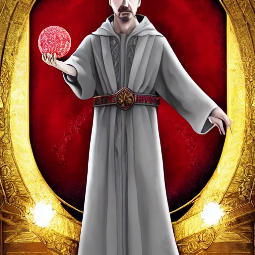 Image similar to petyr baelish smirking dressed in grey robes with red and gold trim, slightly turned to the right, ultra detailed, photorealistic, holding a crystal ball, magic the gathering style art, standing with a black background, high quality,