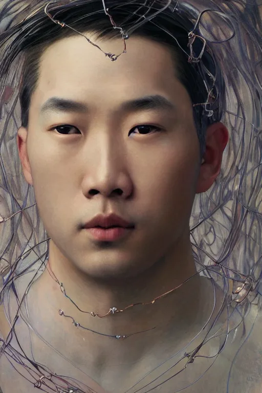 Image similar to hyperrealist portrait of an attractive angelic asian man, it is decorated with long wires that fall like vines and wears small computers over their body. by jeremy mann and alphonse mucha, fantasy art, photo realistic, dynamic lighting, artstation, poster, volumetric lighting, very detailed faces, 4 k, award winning