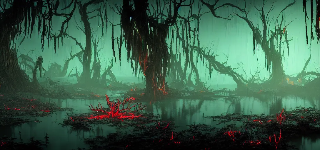 Prompt: dramatic render of dark alien swamp at night, accurate ray tracing, neon glowing watery lake, mysterious red fog, glowing lights, twisted withering vines, neon fungi, sharp spiky rocks, ambient occlusion, unreal engine, detailed, vibrant, artstation, by dylan cole and jordan grimmer