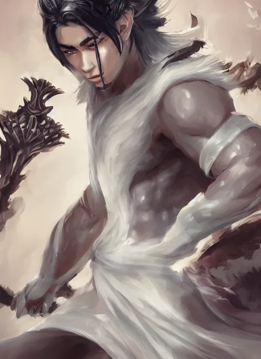 Image similar to a highly detailed illustration of fierce short white haired parted through the middle young attractive asian man, wearing hakama, with black sclera eyes, heroically battle posing, muscular, intricate, elegant, highly detailed, centered, digital painting, artstation, concept art, smooth, sharp focus, league of legends concept art, WLOP