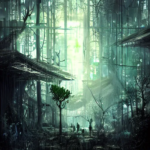 Prompt: A fairy tale forest in the style of cyberpunk in the style of dark fantasy art Trending on artstation DeviantArt Pinterest detailed realistic HD 8k High Resolution