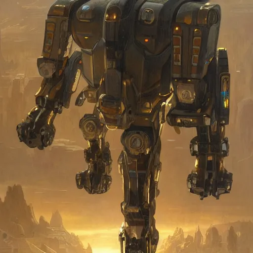 Image similar to epic painting of a realistic four - legged intricate battle robot, rule of thirds, golden ratio, subject in center of frame, trending on artstation, detailed science fiction matte painting by artgerm and greg rutkowski and alphonse mucha,