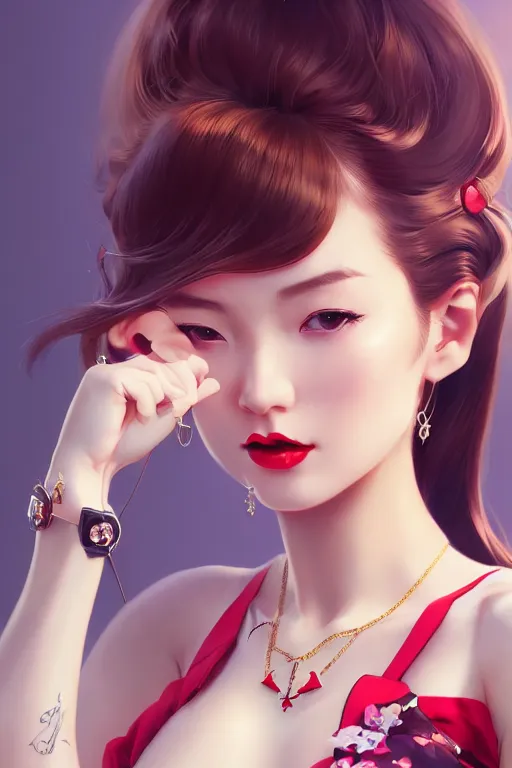 Image similar to a pin up and beautiful fashion charming dreamlke japan girl with lv jewelry, character art, art by artgerm lau and wlop and and ilya kuvshinov and john singer sargent, hyperdetailed, 8 k realistic, symmetrical, frostbite 3 engine, cryengine, dof, trending on artstation, digital art